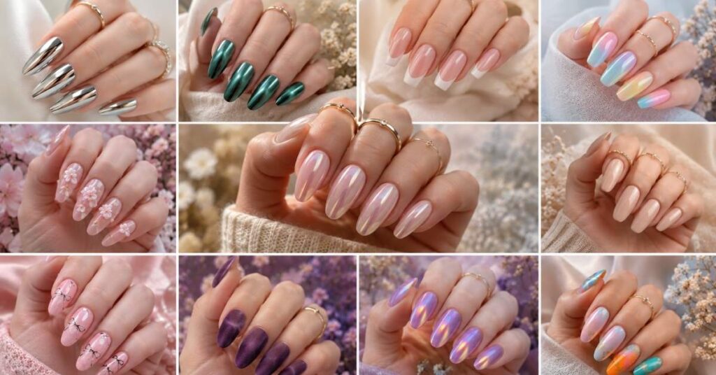 Luxury collage showcasing trending Acrylic Nail Ideas for 2026 including chrome, cat eye, glazed donut, aura, French tip, velvet, coquette, and 3D floral manicures on elegant female hands.