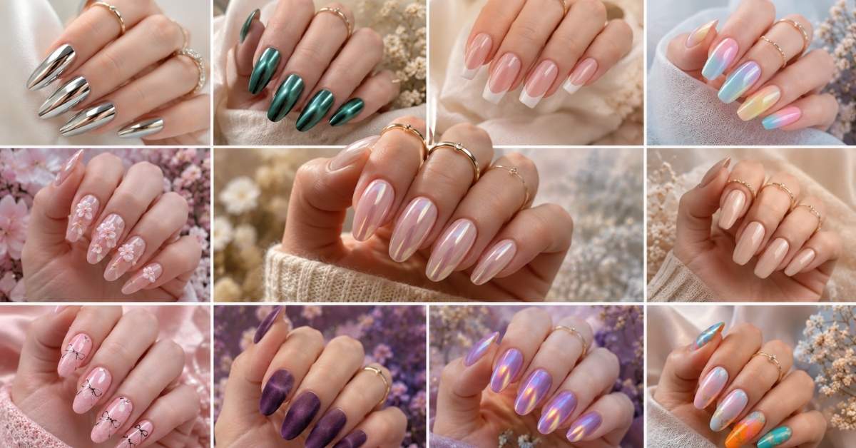 Luxury collage showcasing trending Acrylic Nail Ideas for 2026 including chrome, cat eye, glazed donut, aura, French tip, velvet, coquette, and 3D floral manicures on elegant female hands.