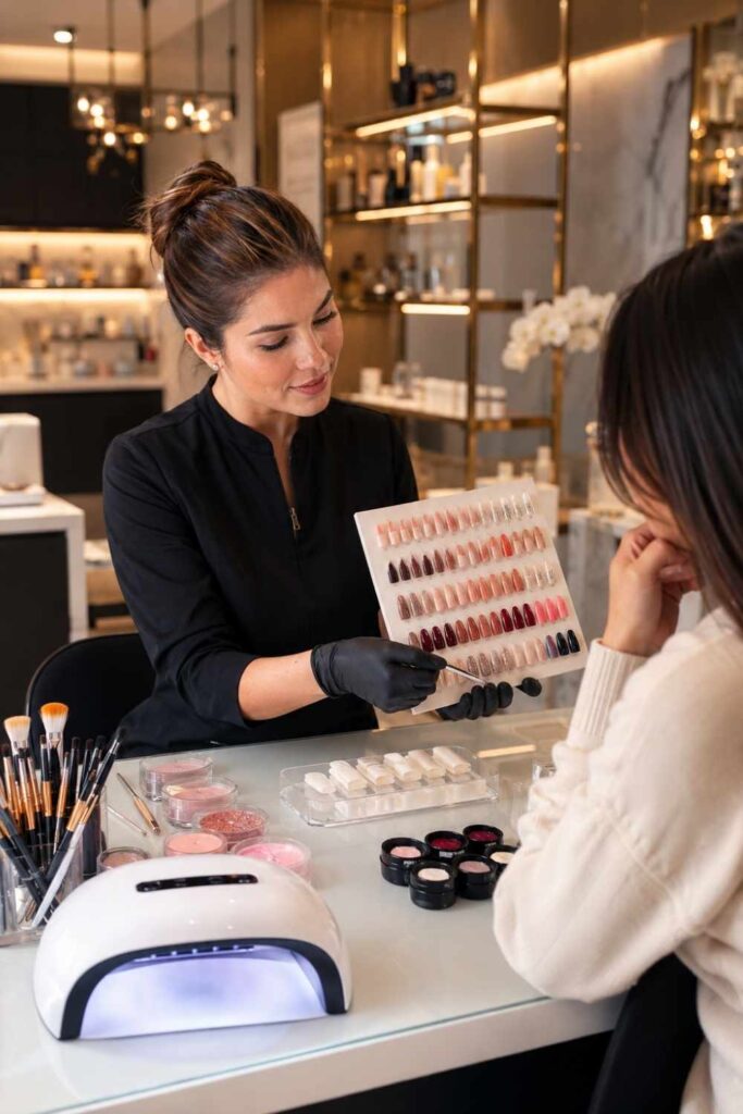 Professional nail technician explaining acrylic nail options with manicure tools and acrylic products on a modern salon workstation.