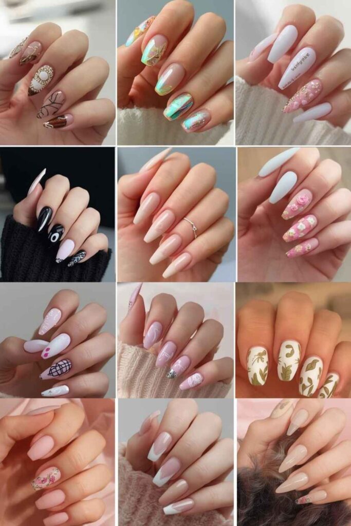 Pinterest-inspired mood board featuring the best Acrylic Nail Ideas for 2026 with chrome, aura, French tips, velvet, and minimalist nail designs.