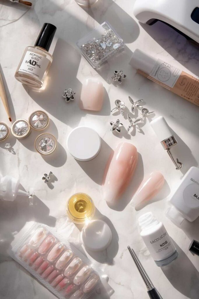 Professional acrylic nail products including powders, brushes, monomer, chrome pigments, rhinestones, UV lamp, and manicure tools.