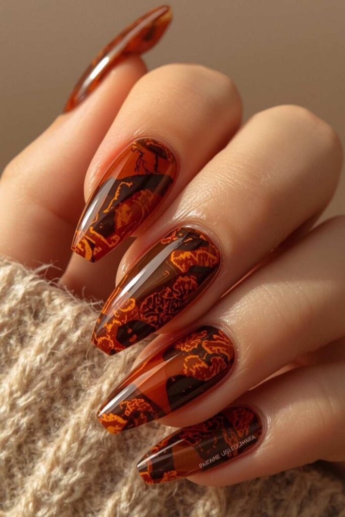 Warm caramel brown cute acrylic nail designs with classic tortoise shell nail art