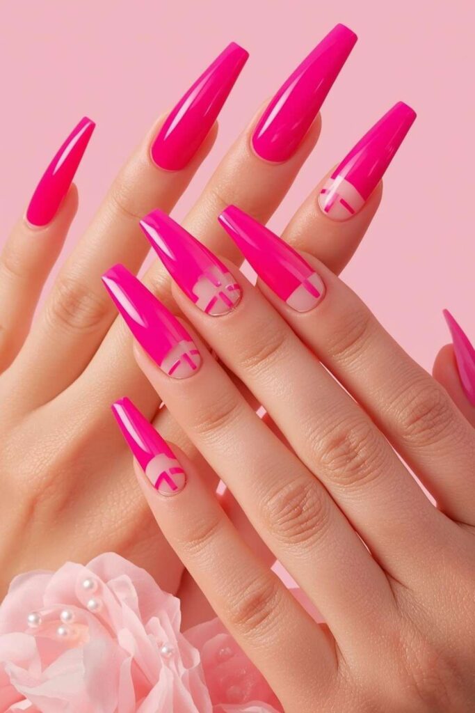 Hot pink cute acrylic nail designs with trendy negative space coffin nails