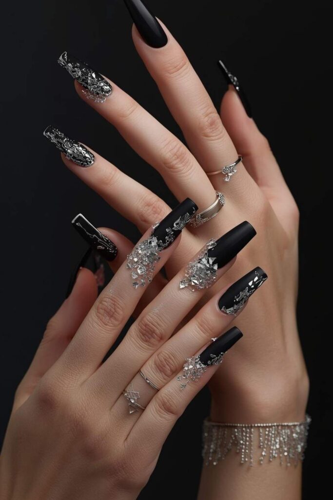Midnight black coffin cute acrylic nail designs with silver foil accents and matte finish