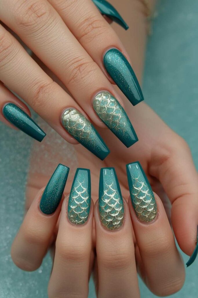Teal and gold mermaid scale cute acrylic nail designs with detailed nail art