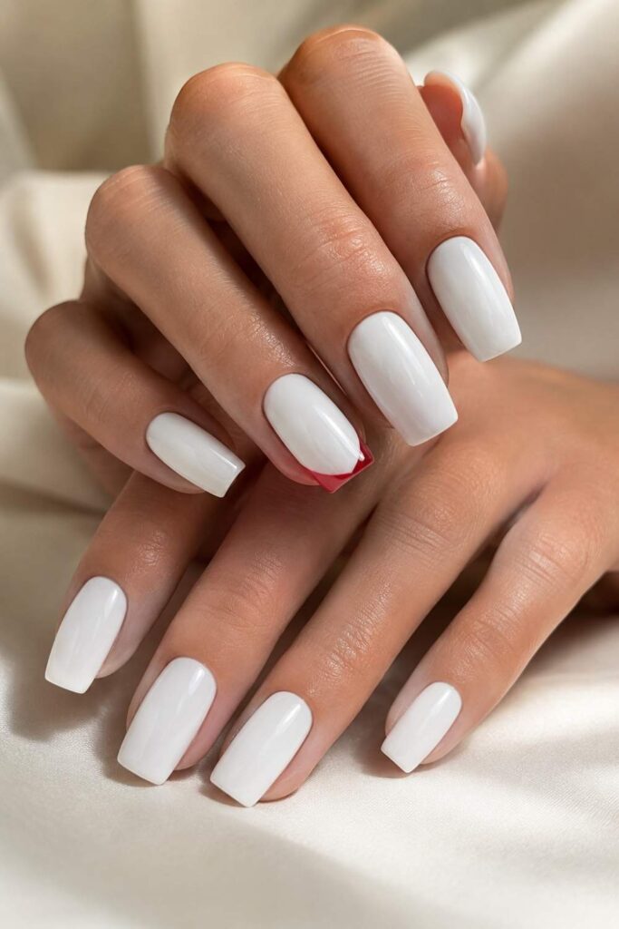 Clean white square cute acrylic nail designs with colorful French tip accents