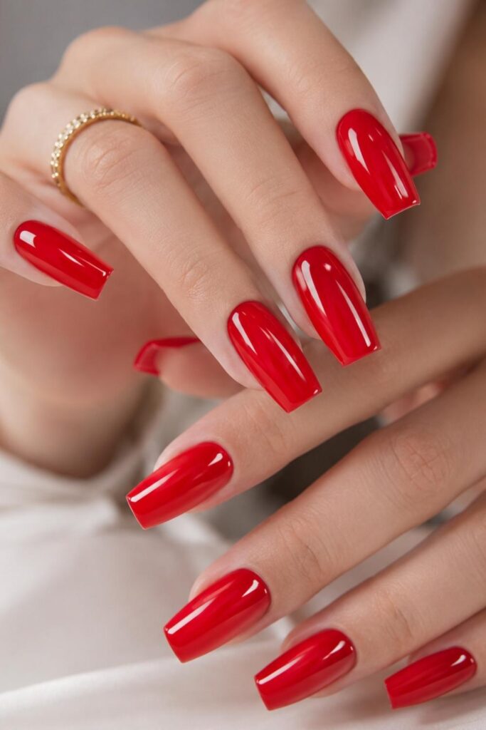 Glossy electric cherry red square acrylic nails with vibrant high-shine lacquer finish inspired by Trendy Acrylic Nails 2026.
