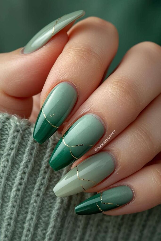 Matcha, sage, emerald, and olive green acrylic nails with glossy luxury finishes and gold accents.