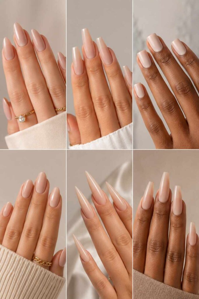 Infographic displaying acrylic nail shapes, lengths, skin tones, and manicure styles for choosing the perfect acrylic nail design.