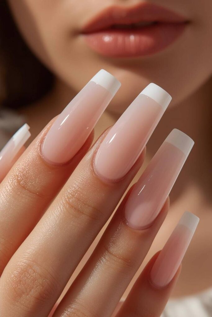 Milky pink coffin acrylic nails with glossy finish and delicate micro French tips representing a timeless Trendy Acrylic Nails 2026 design.