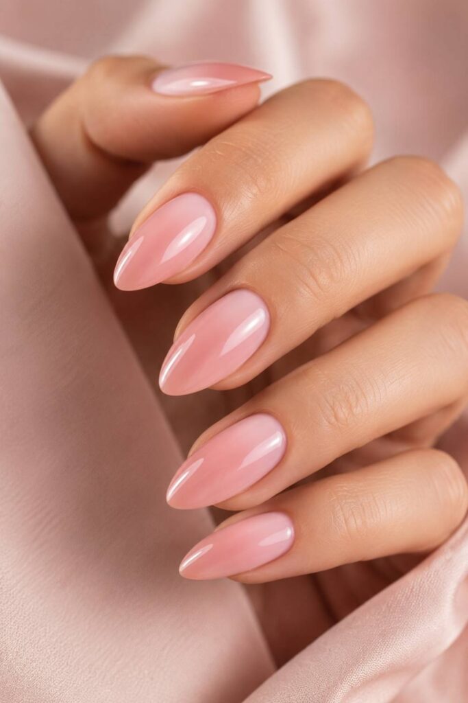 Glossy almond-shaped pink acrylic nails with a soft feminine finish and elegant luxury manicure styling.