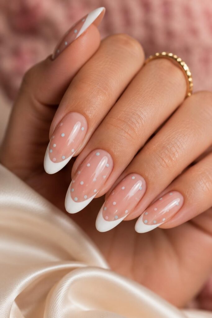 Classic French acrylic manicure with delicate pastel polka dots on glossy nude nails.