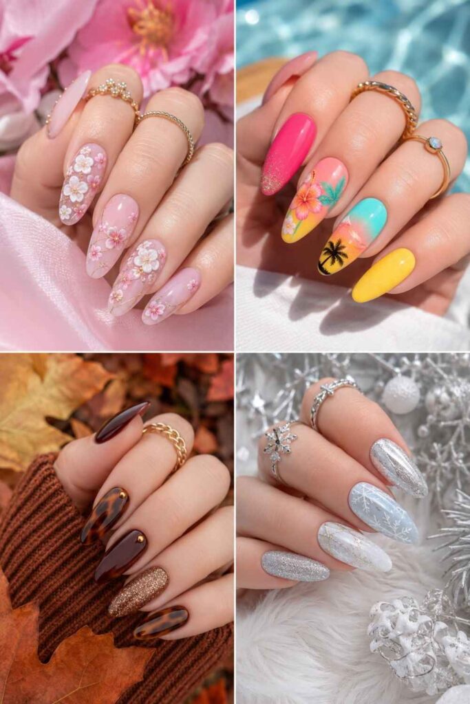 Four-panel collage featuring spring, summer, autumn, and winter acrylic nail designs for every season.