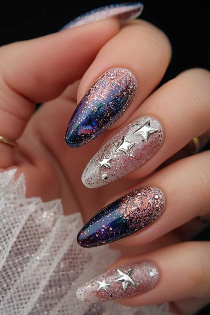 Celestial acrylic nails with metallic stars, glitter accents, and dreamy galaxy-inspired manicure.
