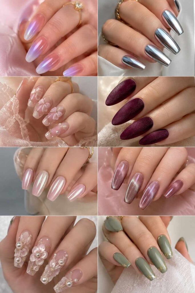 Editorial collage featuring the biggest Acrylic Nail Ideas for 2026 including aura, chrome, velvet, coquette, glazed donut, and cat eye nails.