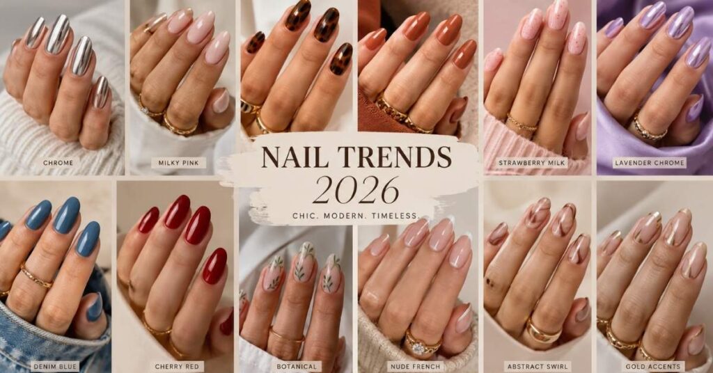 Luxury collage showcasing the best Trendy Acrylic Nails 2026, including chrome, milky pink, terracotta, tortoiseshell, strawberry milk, lavender, denim blue, and glossy red acrylic nail designs.