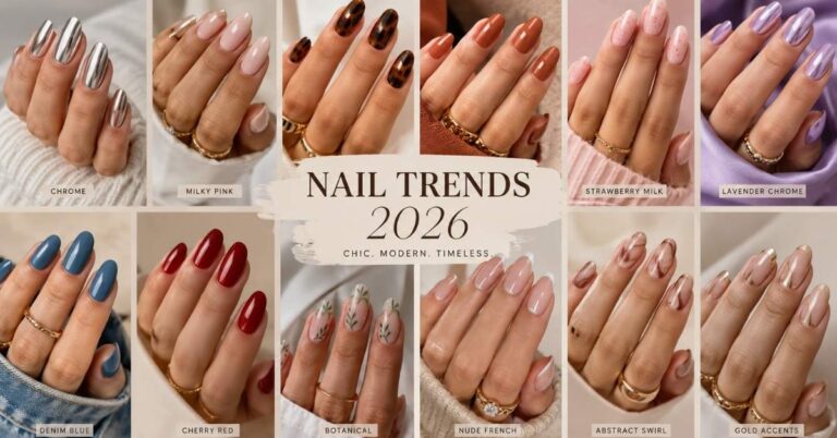 Luxury collage showcasing the best Trendy Acrylic Nails 2026, including chrome, milky pink, terracotta, tortoiseshell, strawberry milk, lavender, denim blue, and glossy red acrylic nail designs.