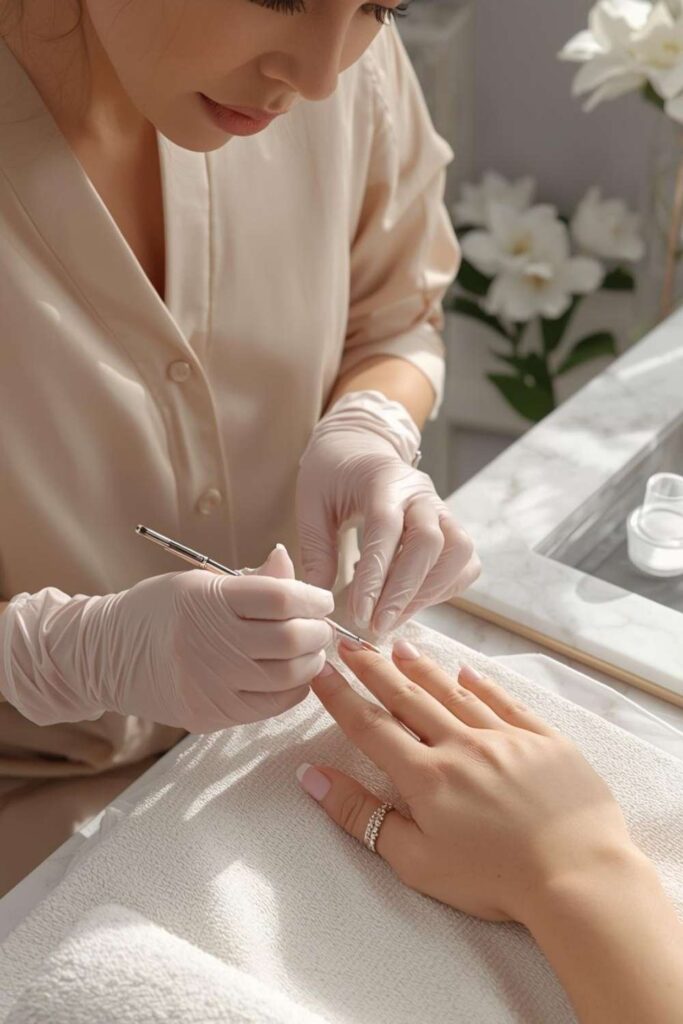 Professional nail technician applying acrylic nails with proper cuticle preparation and salon hygiene for healthy long-lasting manicures.