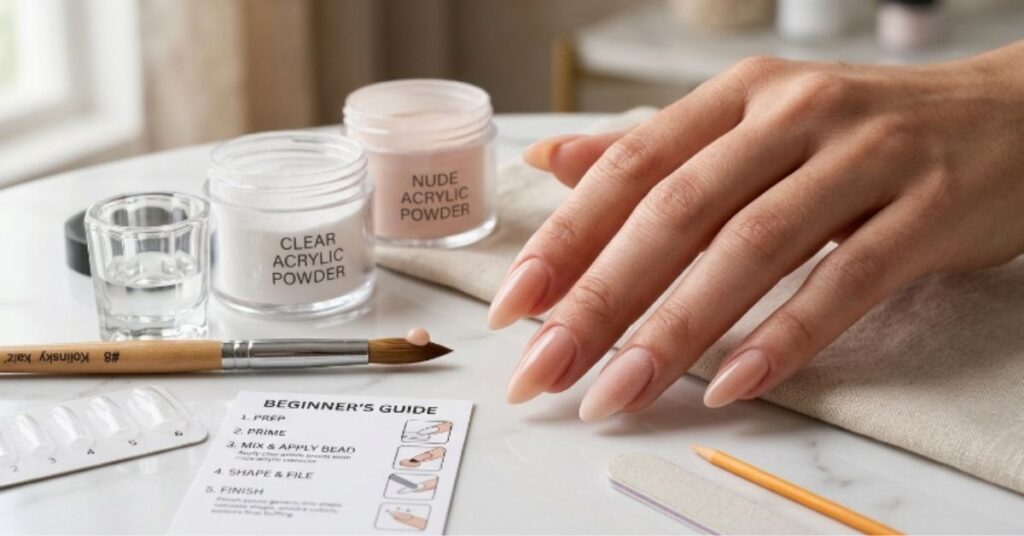 acrylic best nail extension kits for beginners with acrylic powder, liquid monomer, color-coded ratio guide, and sculpted nude extensions.