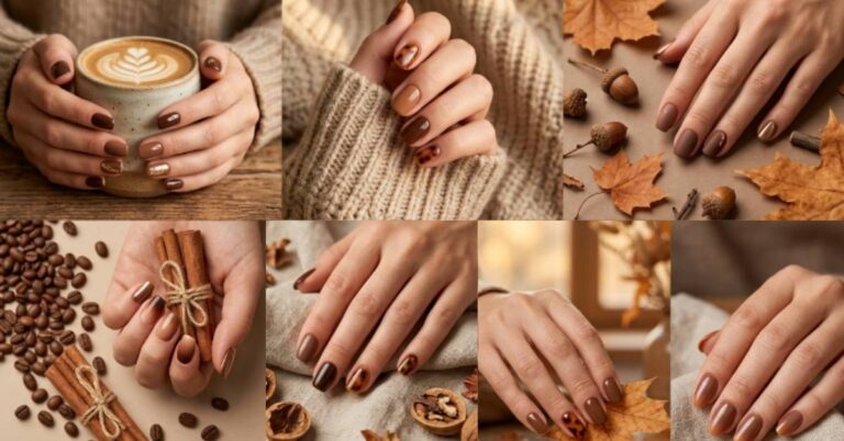 Elegant collage of aesthetic brown fall nails featuring mocha, chocolate, walnut, chestnut, ombré, matte, glossy, and tortoiseshell nail designs with cozy autumn styling.