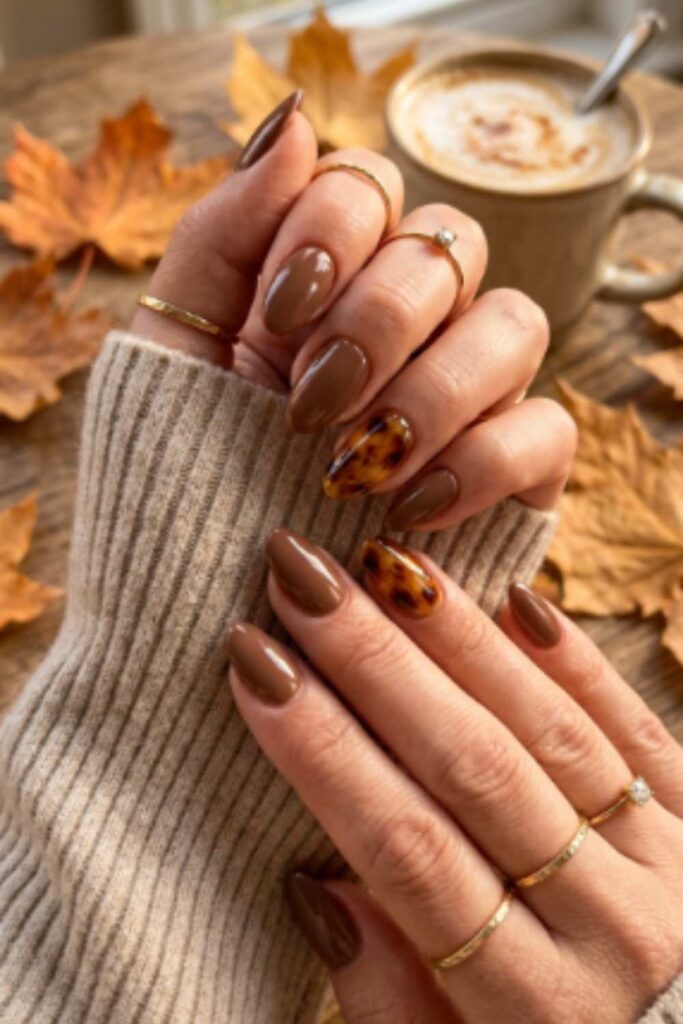 Almond-shaped aesthetic brown fall nails with creamy milk chocolate polish and a glossy tortoiseshell accent nail in warm amber and espresso tones.