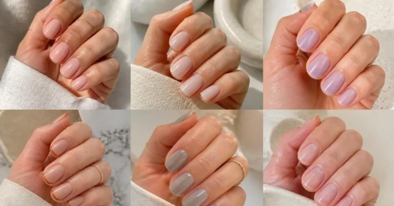 Luxury collage featuring aesthetic minimalist natural short nails with sheer pink, milky nude, lavender jelly, terracotta French tips, stone gray shimmer, and glossy natural finishes on healthy short nails.