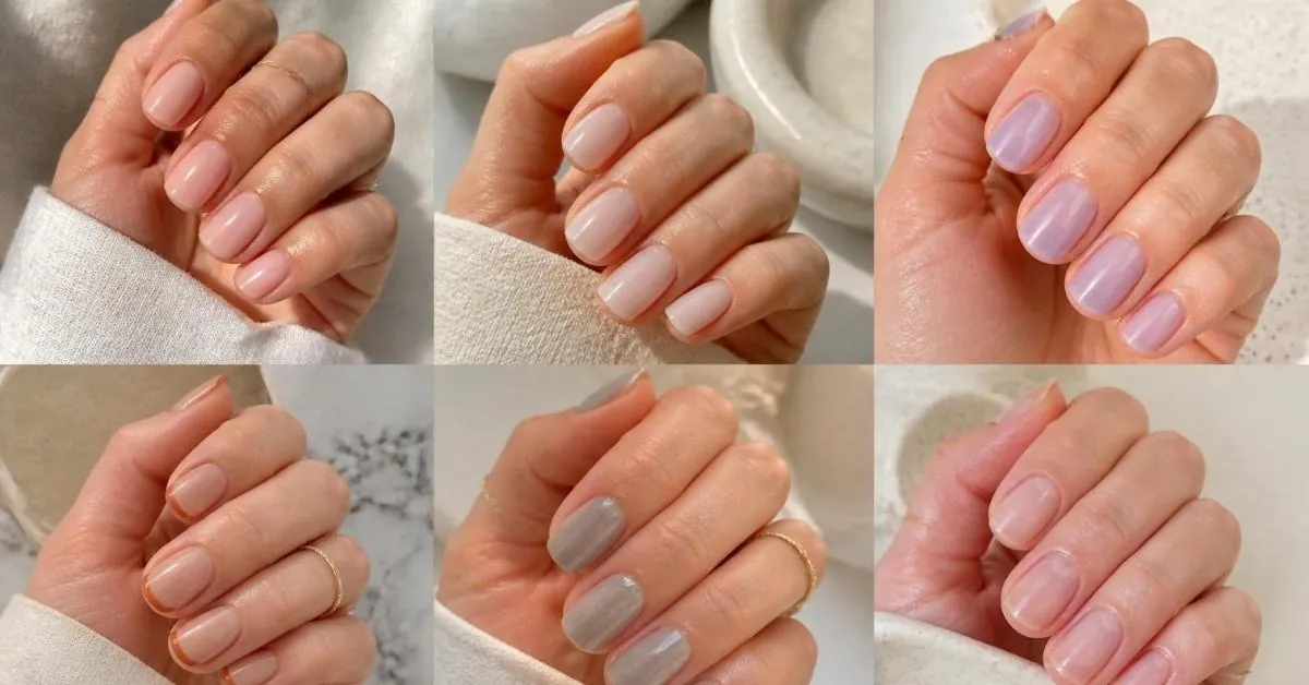 Luxury collage featuring aesthetic minimalist natural short nails with sheer pink, milky nude, lavender jelly, terracotta French tips, stone gray shimmer, and glossy natural finishes on healthy short nails.