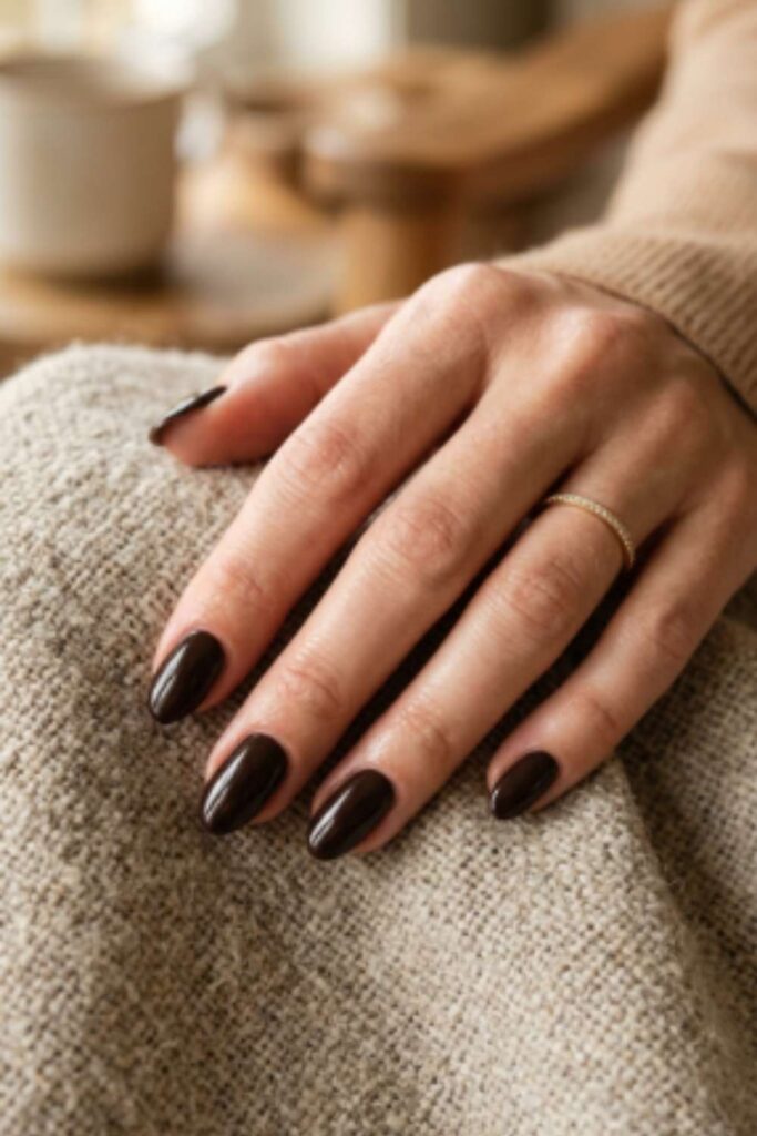 Coffin nails featuring antique copper chrome fading into a deep red-brown gradient with glossy autumn-inspired finish.