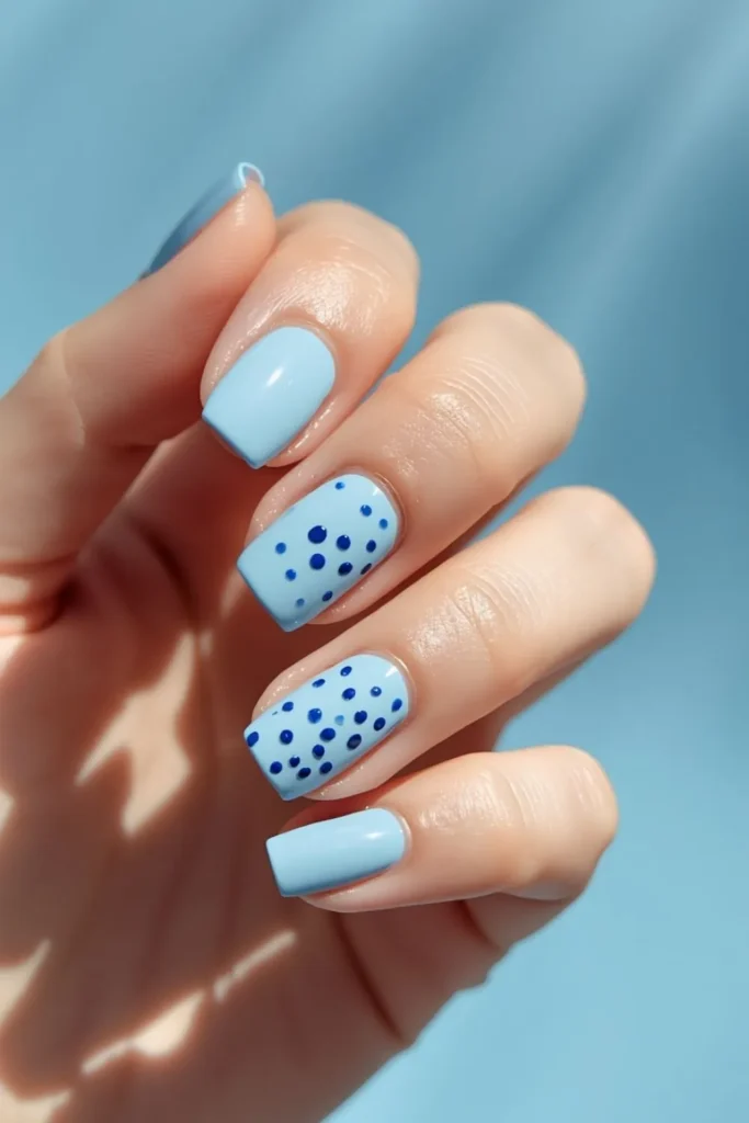 Creamy baby blue short nails with one cobalt blue dotted accent nail showcasing a tonal mismatched nail design.