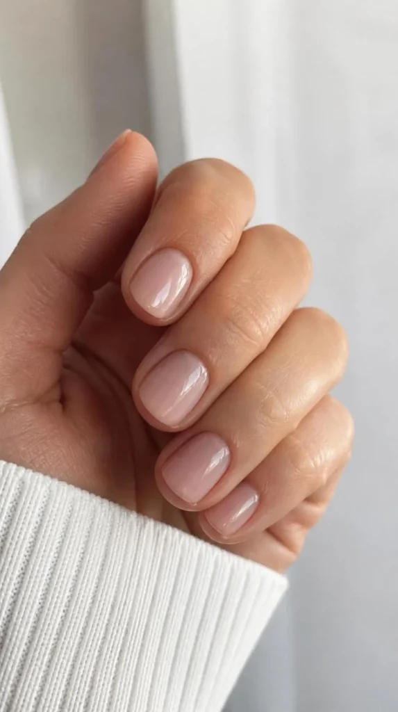 Short rounded natural nails painted in barely-there pink polish with a high-gloss finish creating a clean and healthy minimalist manicure.