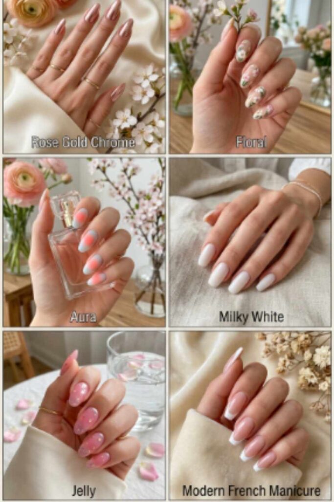 Collection of stylish Long Nail Designs with chrome, floral, aura, jelly, and milky white finishes for spring inspiration.