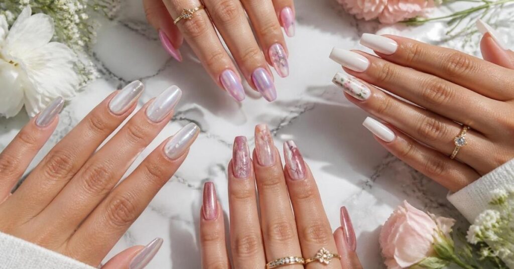 Elegant feminine hands showcasing beautiful Long Nail Designs for Spring 2026 with chrome, floral, aura, pastel, and milky white manicures.