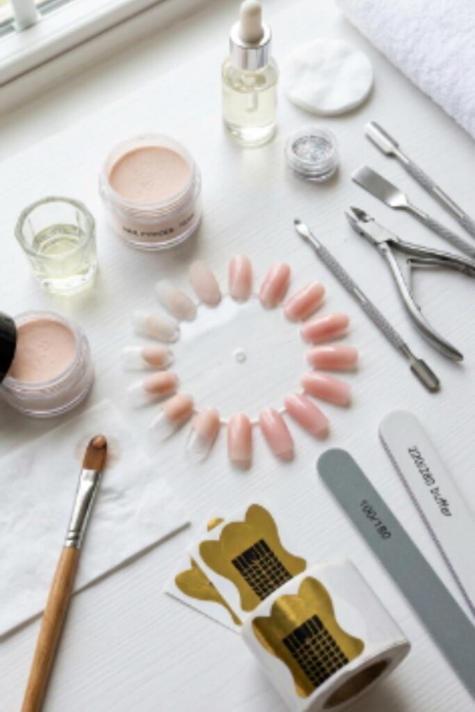 Acrylic powder and liquid nail extension kit with practice wheel helping beginners improve acrylic nail application skills.