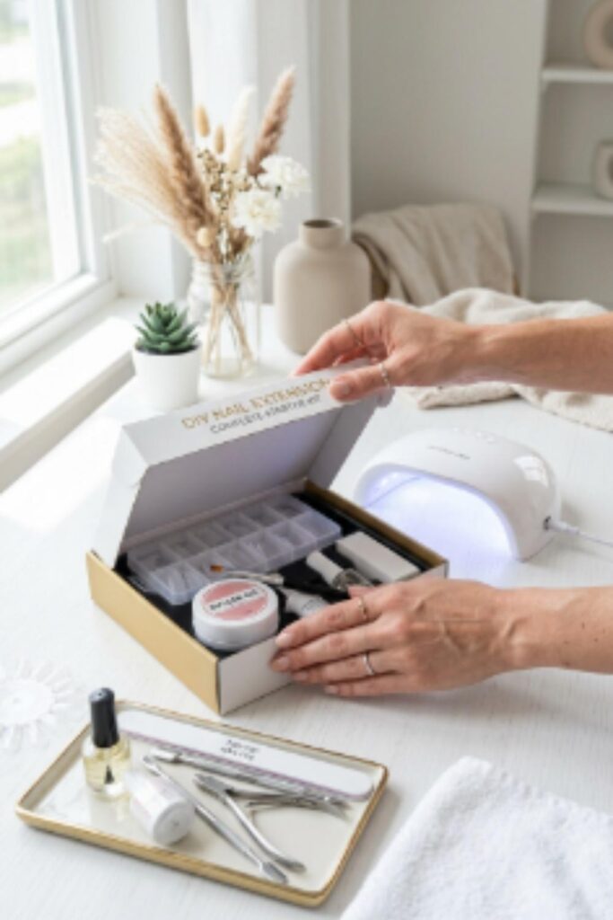 Beginner preparing a nail extension starter kit with gel tips, UV lamp, builder gel, and manicure essentials in a modern home nail workspace.