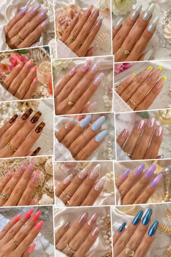 Glossy summer gel manicure holding sunglasses beside beach accessories under warm sunlight.