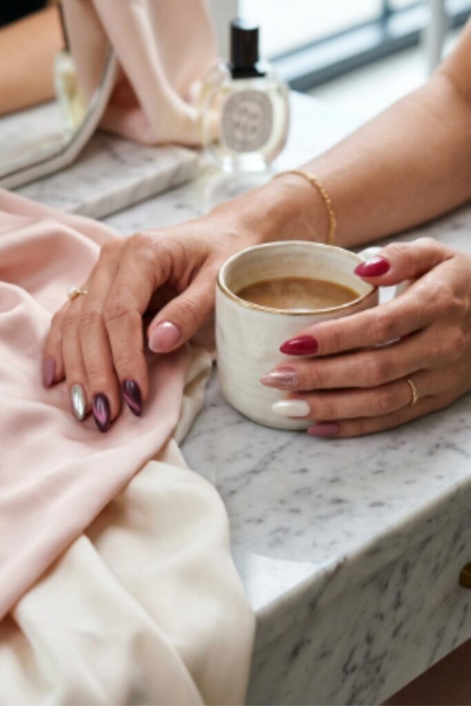 Comparison of glossy, chrome, velvet, jelly, matte, pearl, and glitter Long Nail Designs.
