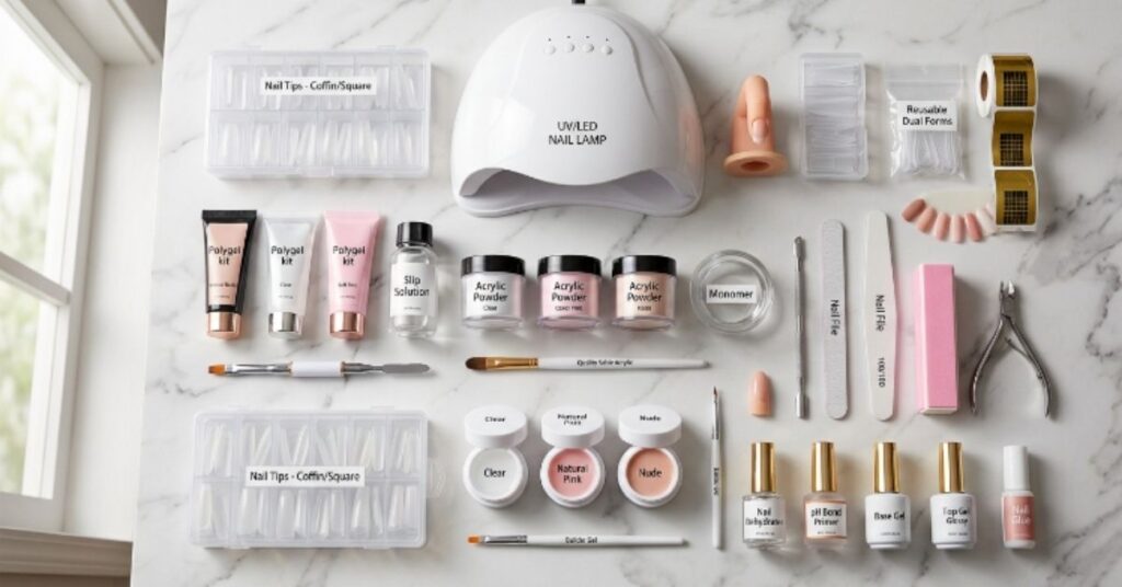 Premium flat lay of best nail extension kits for beginners with builder gel, acrylic, polygel, UV lamp, nail tips, files, and manicure accessories arranged on a marble surface.