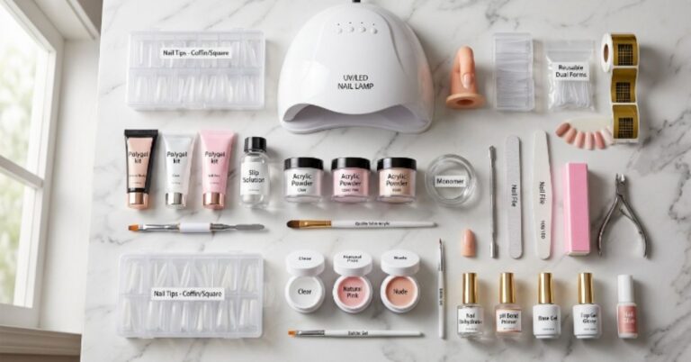 Premium flat lay of best nail extension kits for beginners with builder gel, acrylic, polygel, UV lamp, nail tips, files, and manicure accessories arranged on a marble surface.