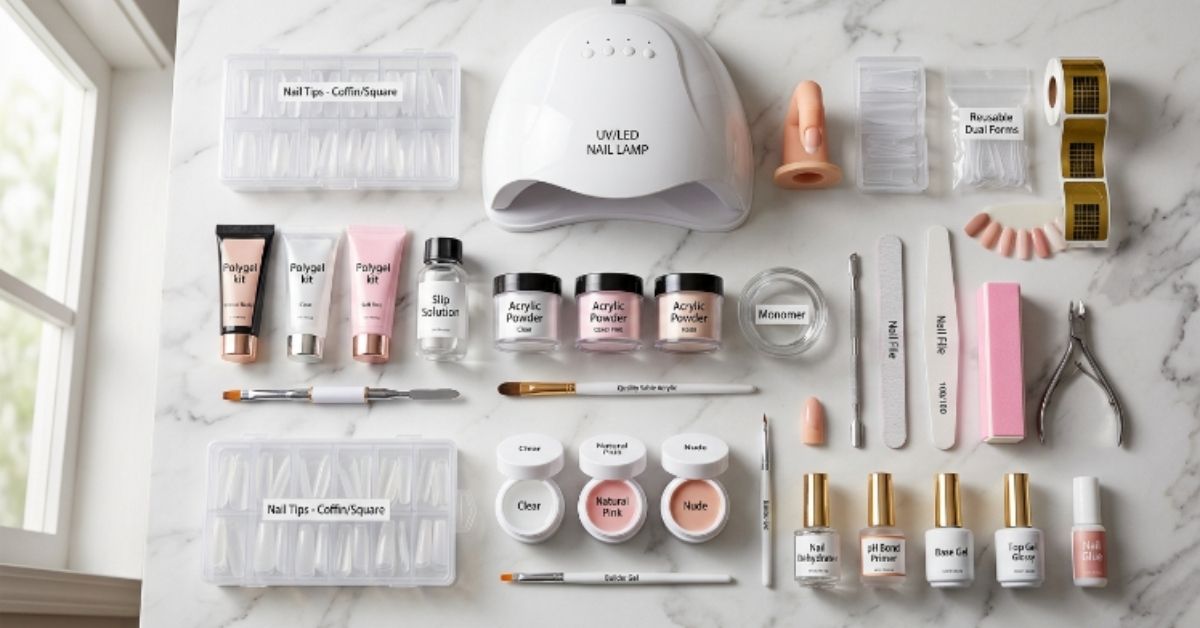 Premium flat lay of best nail extension kits for beginners with builder gel, acrylic, polygel, UV lamp, nail tips, files, and manicure accessories arranged on a marble surface.