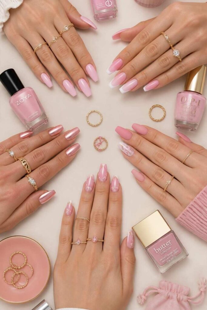 Collection of stylish pink acrylic nails aesthetic ideas featuring glossy, matte, chrome, French tips, ombre, and floral nail designs.