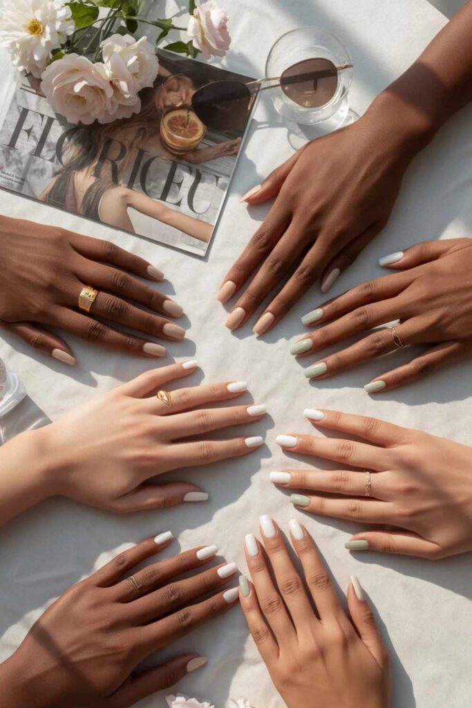 Collection of simple acrylic nails for beginners featuring French tips, nude almond nails, glazed finishes, sage green, and milky white acrylic nail ideas.