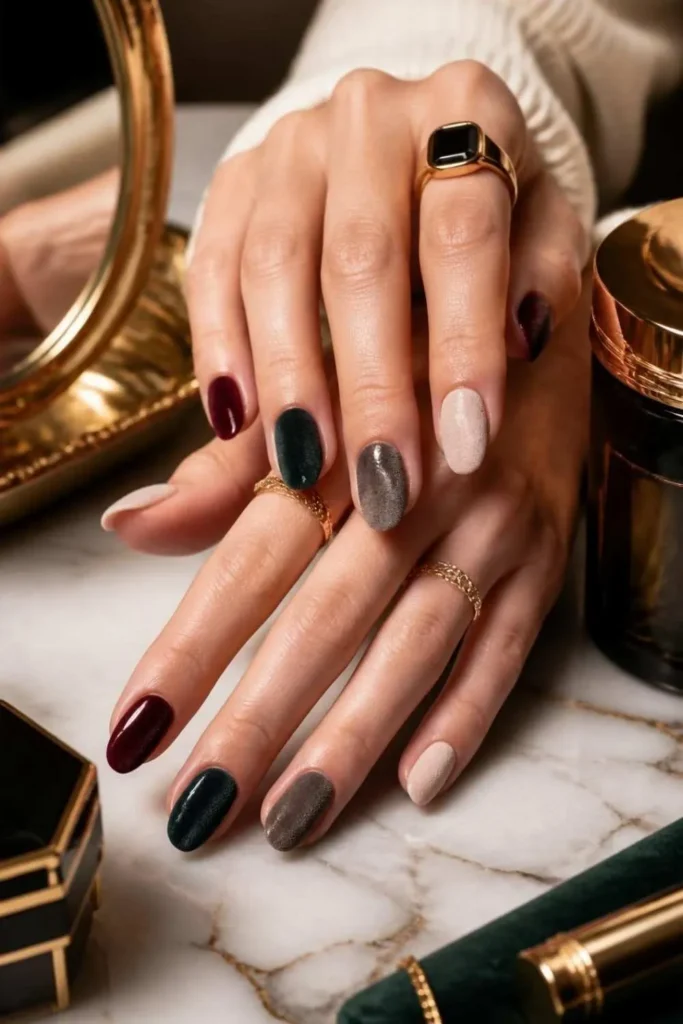 Elegant hands displaying Velvet Gel Nails in jewel tones and neutral shades beside luxury beauty accessories on a marble vanity.
