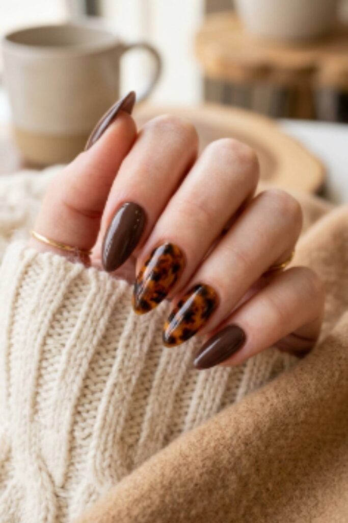 Black cherry jelly nails with floating gold flakes and glossy glass-like finish for a luxurious dark romantic fall manicure.