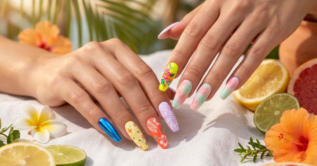 Elegant feminine hands showcasing vibrant bright summer long nails designs featuring tropical colors, chrome accents, floral nail art, and glossy salon-quality finishes for Summer 2026.