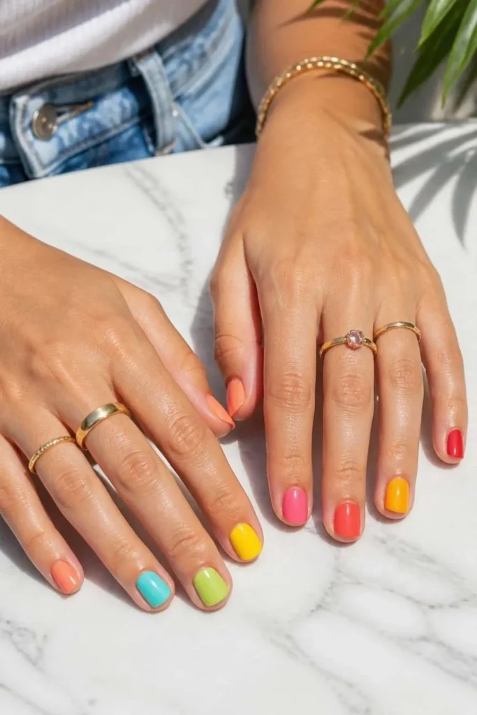 Both hands displaying bright summer short nail ideas with coral, aqua, lime, yellow, pink, orange, and cherry red polish on short round, oval, and squoval nails.