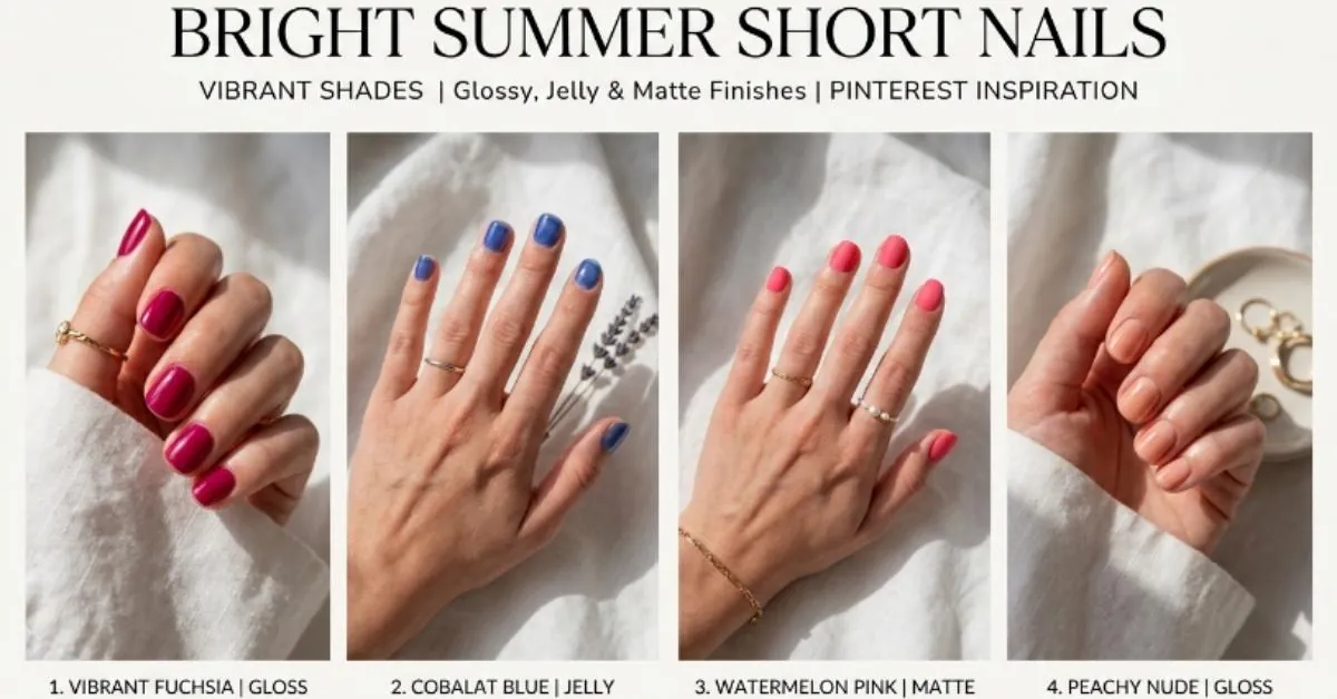Editorial collage featuring elegant bright summer short nails in watermelon pink, cobalt blue, deep fuchsia, and peachy nude with glossy, matte, and jelly finishes on naturally short nails.