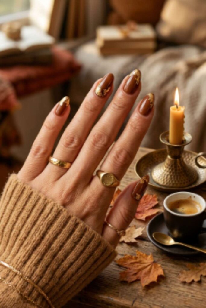 Bronzed aesthetic brown fall nails decorated with irregular gold foil accents on glossy almond-shaped nails.