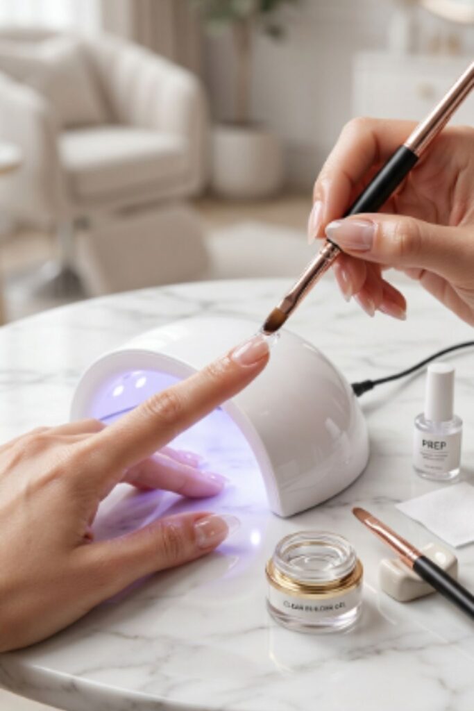 Builder gel nail extension kit with dual-ended application brush and UV LED lamp creating smooth glossy nail extensions.