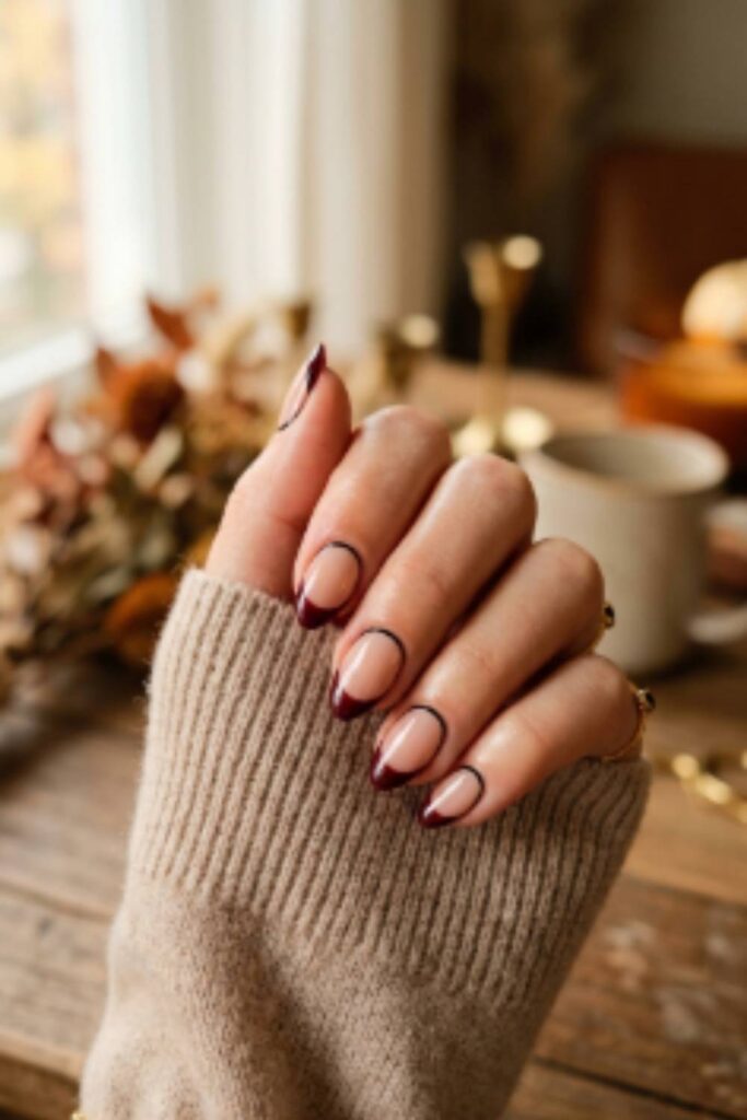 Glossy burgundy French tip nails with a thin noir outline on short almond nails for a sophisticated dark romantic fall look.