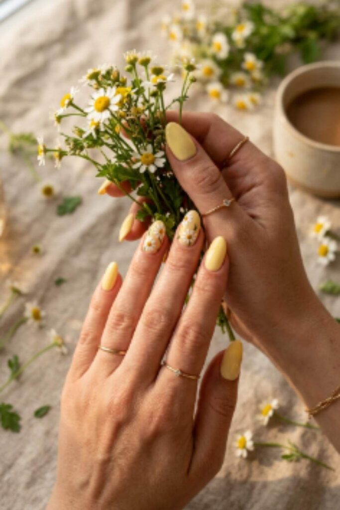Butter yellow oval nails decorated with delicate white daisy nail art and glossy gel polish for a fresh summer manicure.